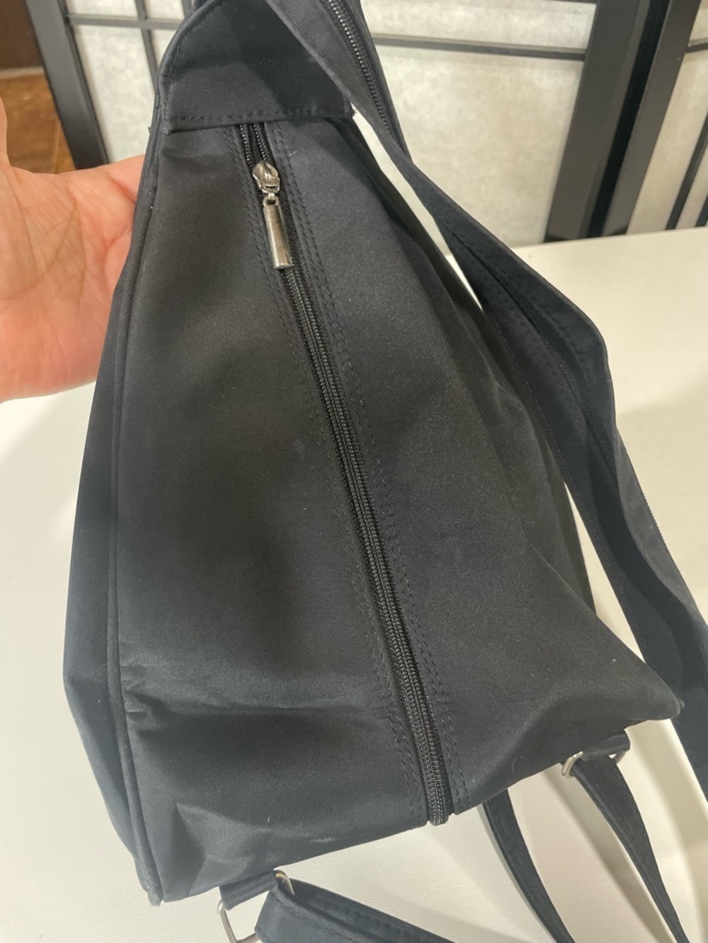 Minimalist Black Nylon Sling Bag| Crossbody Chest Pack With Silver Hardware - Picture 5 of 12